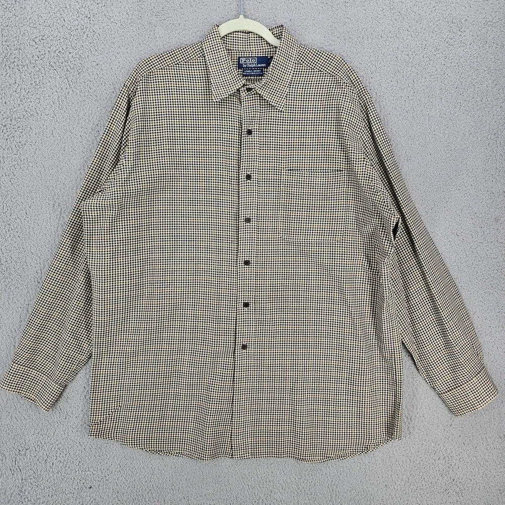 Polo Ralph Lauren Lowell Sport‎ Shirt Mens XL Beige Check Silk Cotton Button Up